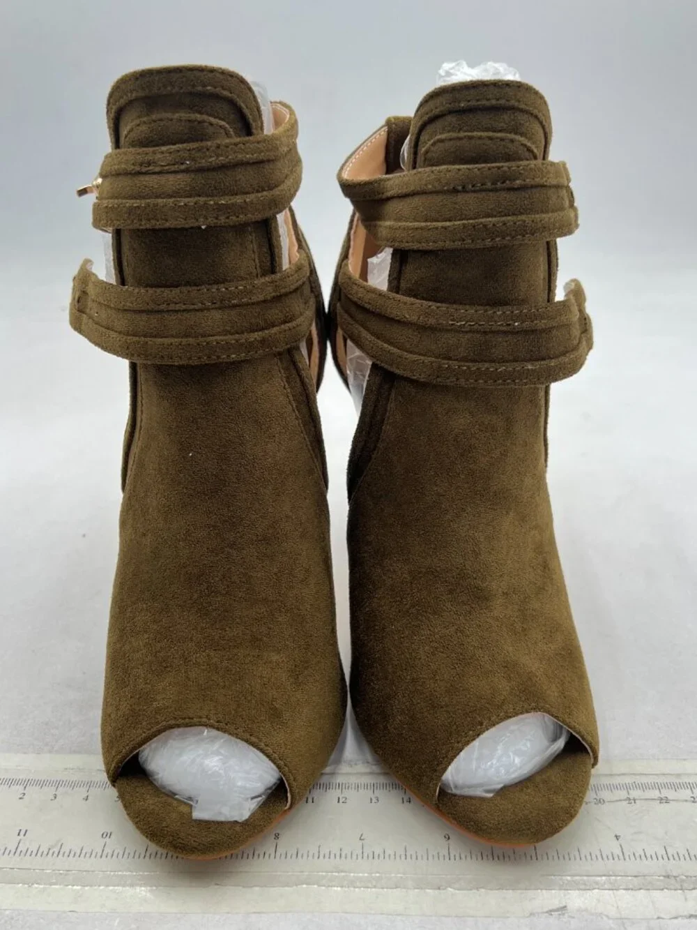XYD Olive Green Peep Toe Ankle Booties Dual Buckled Straps Stiletto Heels Sandal